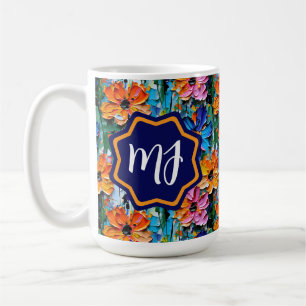 Impasto-stijl bloemen in een kleurrijke monogram koffiemok