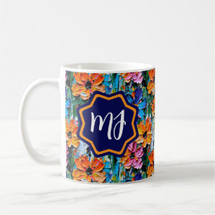Impasto-stijl bloemen in een kleurrijke monogram koffiemok