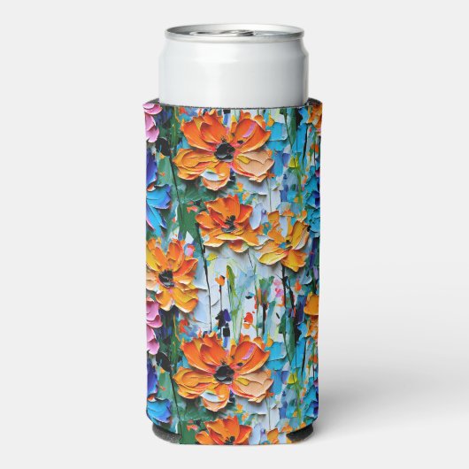 Impasto-stijl bloemen in een kleurrijke monogram seltzer blikjeskoeler (Seltzer Achterkant)