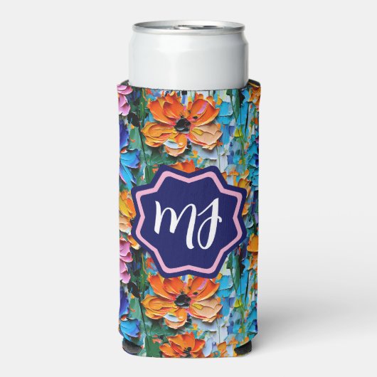Impasto-stijl bloemen in een kleurrijke monogram seltzer blikjeskoeler (Seltzer Voorkant)