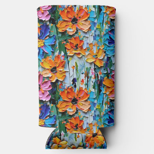 Impasto-stijl bloemen in een kleurrijke monogram seltzer blikjeskoeler (Achterkant)