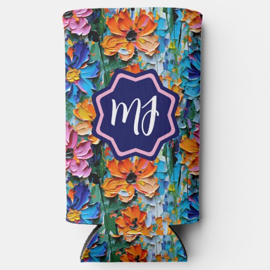 Impasto-stijl bloemen in een kleurrijke monogram seltzer blikjeskoeler (Voorkant)
