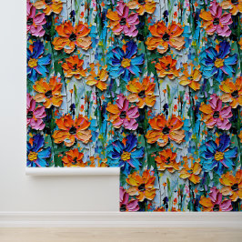 Impasto-stijl oliebloemen in een kleurrijk patroon behang