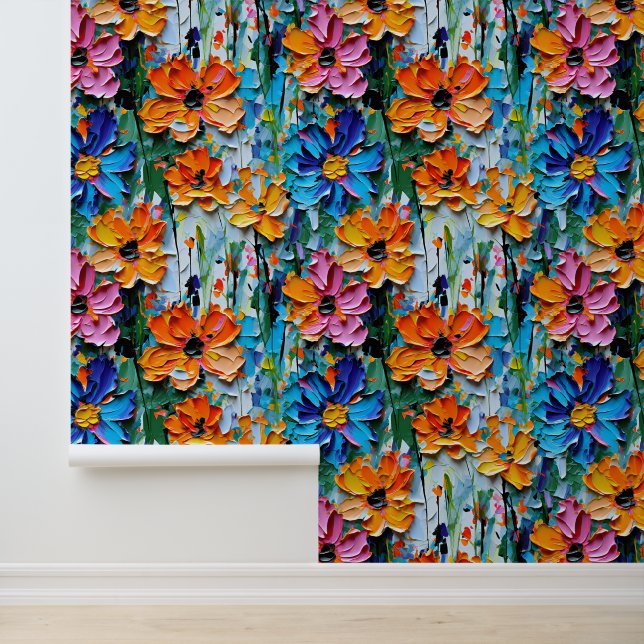 Impasto-stijl oliebloemen in een kleurrijk patroon behang (Applicatie)