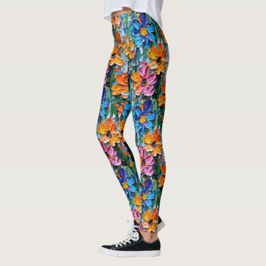 Impasto-stijl oliebloemen in een kleurrijk patroon leggings (Links)