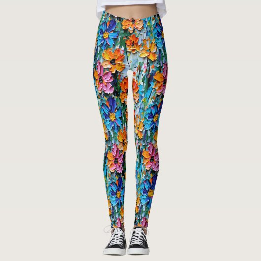 Impasto-stijl oliebloemen in een kleurrijk patroon leggings (Voorkant)