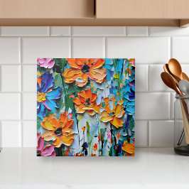 Impasto-stijl oliebloemen in een kleurrijk patroon tegeltje