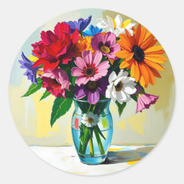 Impasto stijl vaas met kleurrijke bloemen ronde sticker