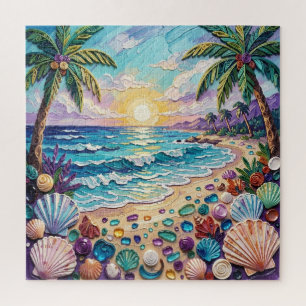 Impasto-strand en zee glas zonsondergang en palmbo legpuzzel