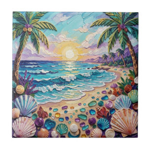 Impasto-strand en zee glas zonsondergang en palmbo tegeltje