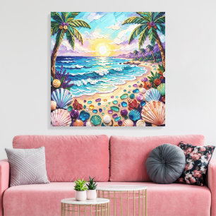 Impasto Strand en Zee Glas Zonsondergang en Zonsop Canvas Afdruk