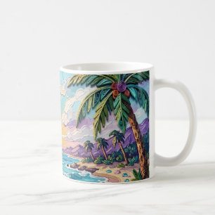 Impasto-strand en zee glas zonsondergang en zonsop koffiemok