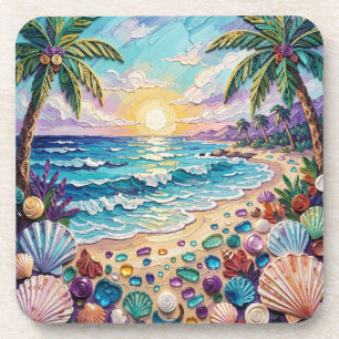 Impasto-strand en zeeglas-zonsondergang en palmbom bier onderzetter