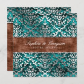 Imperial Blauwgroen Glimmer Damask Wedding Invite Kaart (Voorkant / Achterkant)