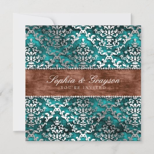 Imperial Blauwgroen Glimmer Damask Wedding Invite Kaart (Voorkant)