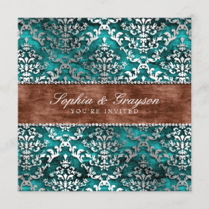 Imperial Blauwgroen Glimmer Damask Wedding Invite Kaart
