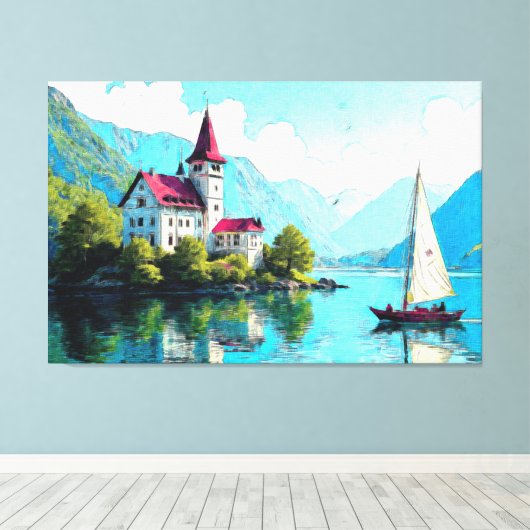 Impressies van Serenity: Lakeside Castle in Art Canvas Afdruk (Insitu (Houten vloer))