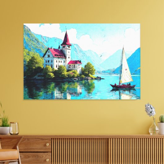 Impressies van Serenity: Lakeside Castle in Art Canvas Afdruk (Insitu (Woonkamer))