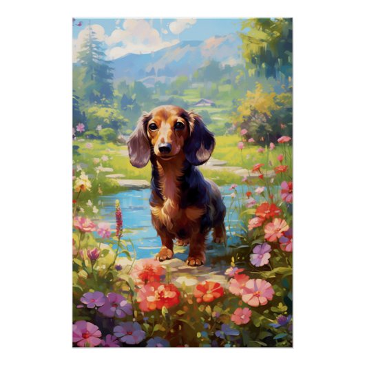 Impressionisme Dachshund het verkennen van een wei Perfect Poster (Voorkant)