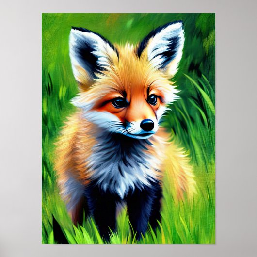 Impressionist Baby Fox in het bos Poster (Voorkant)