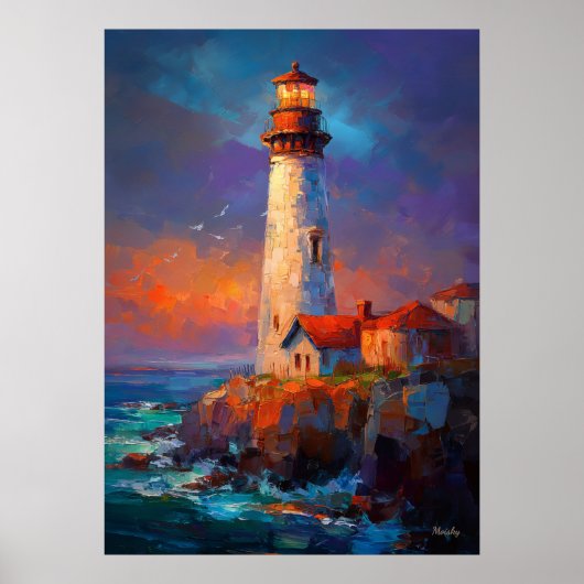 Impressionist Coastal Lighthouse Seascape Painting Poster (Voorkant)