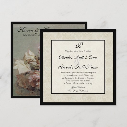 Impressionist Crème Roze Rozen - Bruiloft uitnodig Kaart (Voorkant / Achterkant)