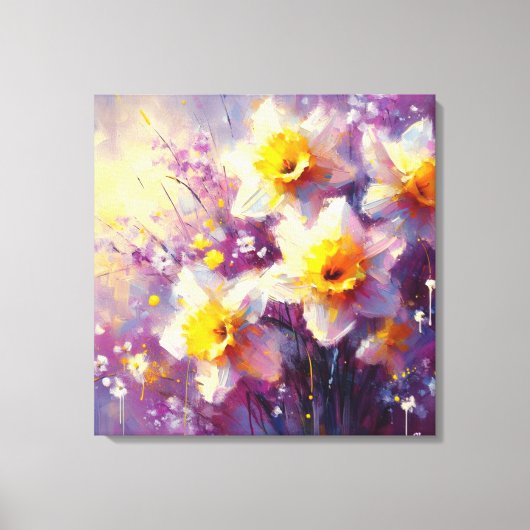 Impressionist Daffodil Floral Paarse gele kunst Canvas Afdruk (Voorkant)