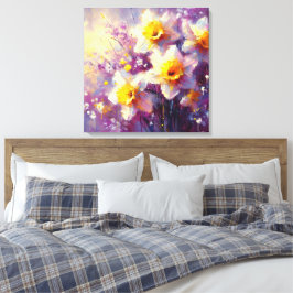 Impressionist Daffodil Floral Paarse gele kunst Canvas Afdruk