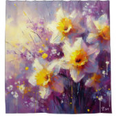 Impressionist Daffodil Floral Paarse gele kunst Douchegordijn (Voorkant)