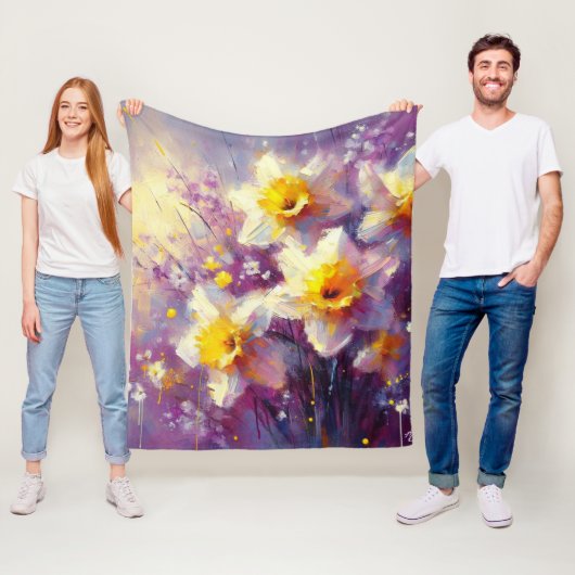 Impressionist Daffodil Floral Paarse gele kunst Fleece Deken (In situ)