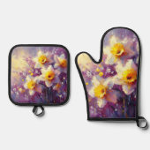 Impressionist Daffodil Floral Paarse gele kunst Ovenwant & Pannenlap Set (Voorkant)