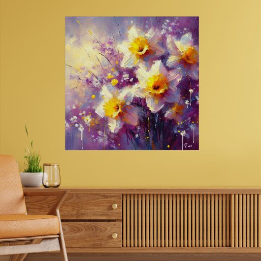 Impressionist Daffodil Floral Paarse gele kunst Poster (Woonkamer 2)