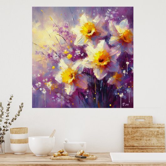 Impressionist Daffodil Floral Paarse gele kunst Poster (Keuken)