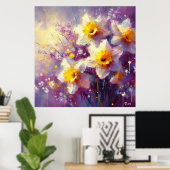 Impressionist Daffodil Floral Paarse gele kunst Poster (Thuiskantoor)