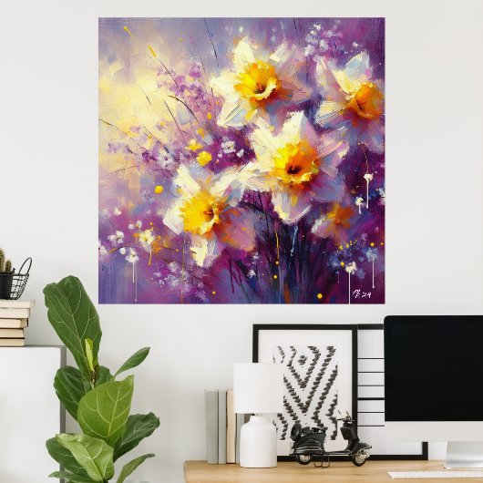 Impressionist Daffodil Floral Paarse gele kunst Poster (Thuiskantoor)