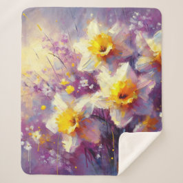 Impressionist Daffodil Floral Paarse gele kunst Sherpa Deken