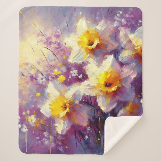 Impressionist Daffodil Floral Paarse gele kunst Sherpa Deken (Voorkant)