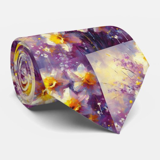 Impressionist Daffodil Floral Paarse gele kunst Stropdas (Opgerold)