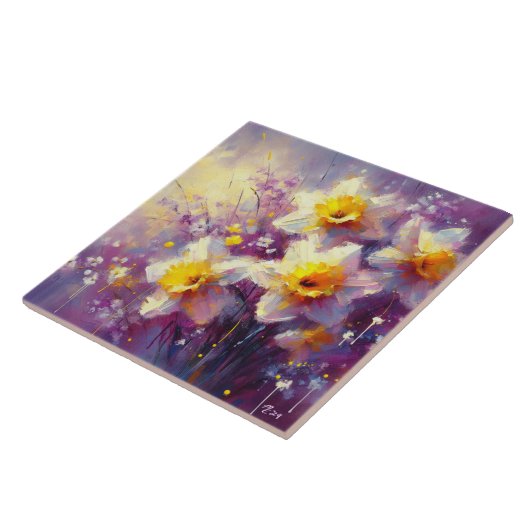 Impressionist Daffodil Floral Paarse gele kunst Tegeltje (Zijkant)