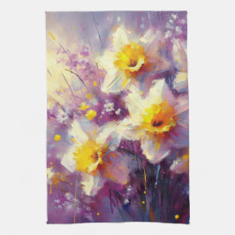 Impressionist Daffodil Floral Paarse gele kunst Theedoek