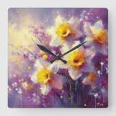 Impressionist Daffodil Floral Paarse gele kunst Vierkante Klok (Voorkant)