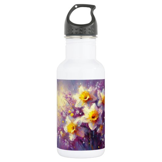 Impressionist Daffodil Floral Paarse gele kunst Waterfles (Voorkant)