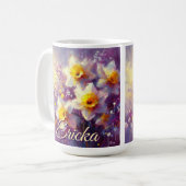Impressionist Daffodil Floral Paarse gepersonalise Koffiemok (Voorkant links)