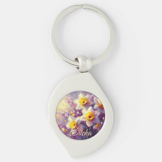 Impressionist Daffodil Floral Paarse gepersonalise Sleutelhanger (Voorkant)