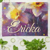 Impressionist Daffodil Floral Paarse gepersonalise Theedoek (Gevouwen)