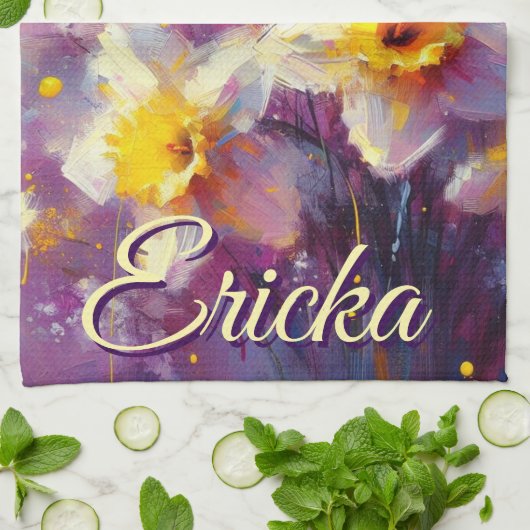 Impressionist Daffodil Floral Paarse gepersonalise Theedoek (Gevouwen)