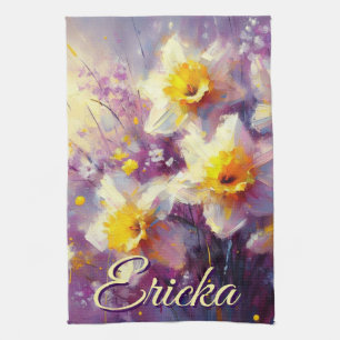Impressionist Daffodil Floral Paarse gepersonalise Theedoek