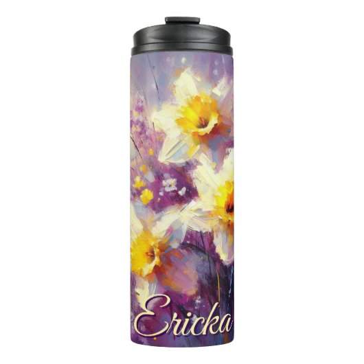 Impressionist Daffodil Floral Paarse gepersonalise Thermosbeker (Voorkant)