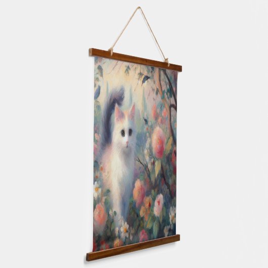 Impressionist Kat en Bloemen Hout Topped Muur Tape Hangend Wandkleed (Gebogen)