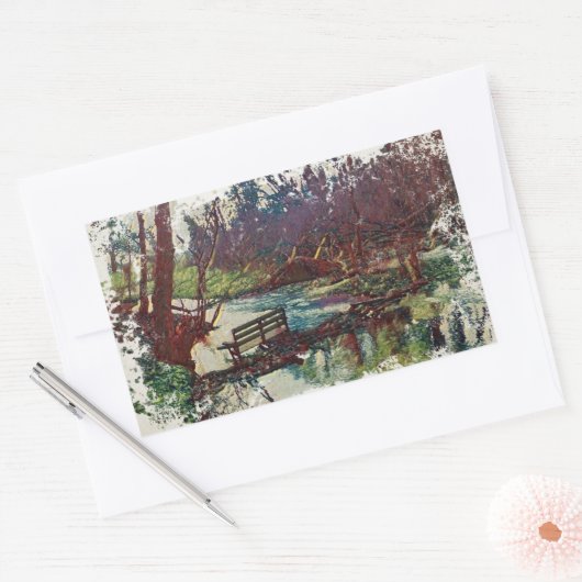 Impressionist Lakeside Bench at Willow Hall Dam Rechthoekige Sticker (Envelop)